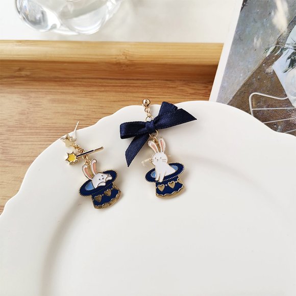 Blue Hat Bunny Earrings - Picture 1 of 5